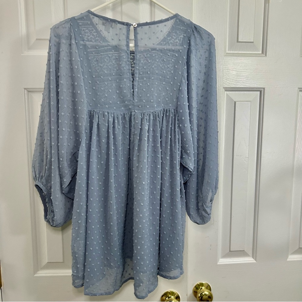 Umgee Blue Sheer Swiss Dot Lace Trim Balloon Sleeve Cottagecore Blouse Sz Medium - Picture 5 of 16